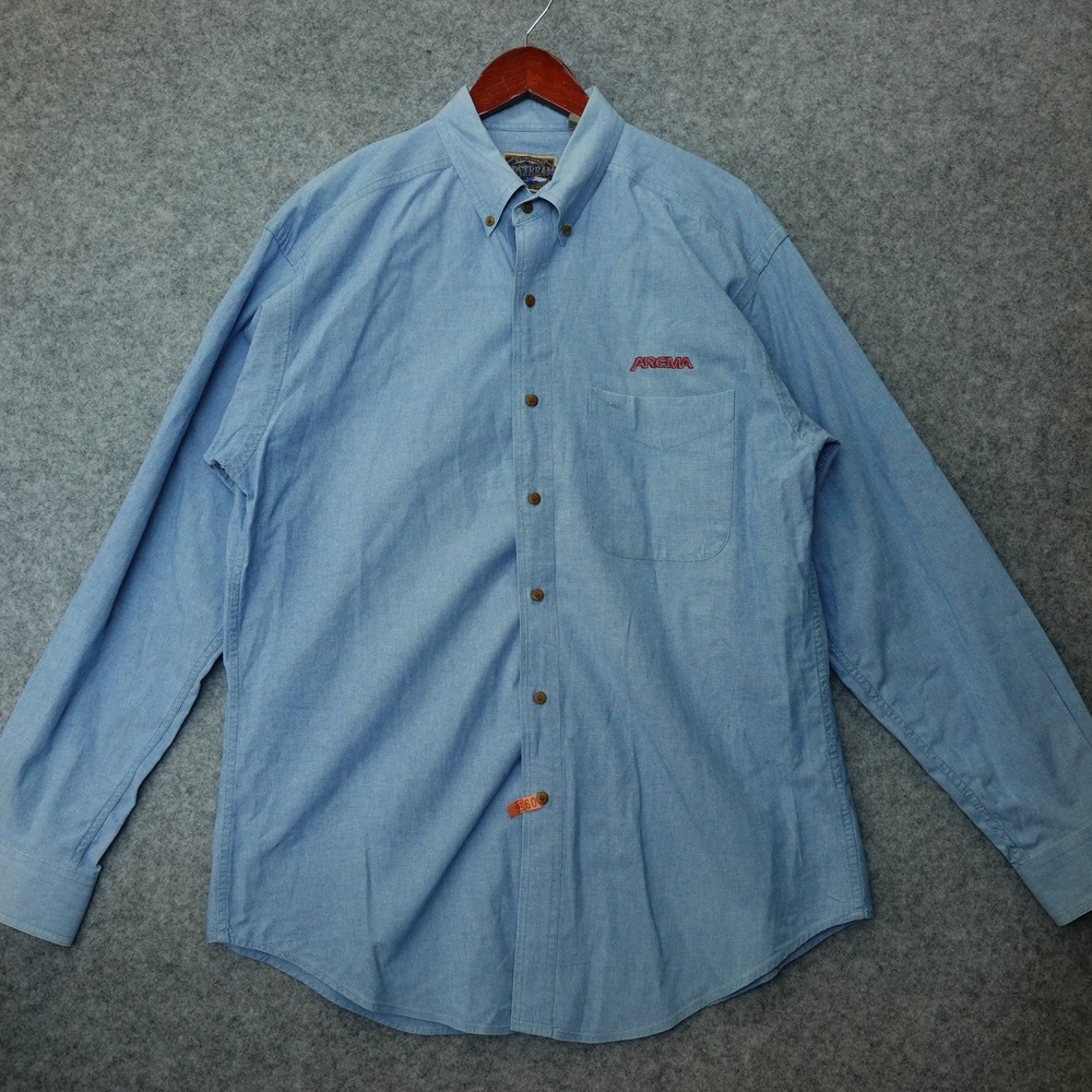 Vintage DUNBROKE UPSTREAM Shirt Mens LARGE Blue Chambray Button Down AREMA Logo